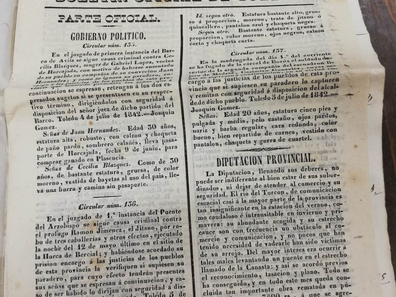 Fragmento Boletin Num. 81. Jueves 7 de julio de 1842 (ADPT, signatura Leg. 2854/9) Fragmento Boletin Num. 81. Jueves 7 de julio de 1842 (ADPT, signatura Leg. 2854/9)