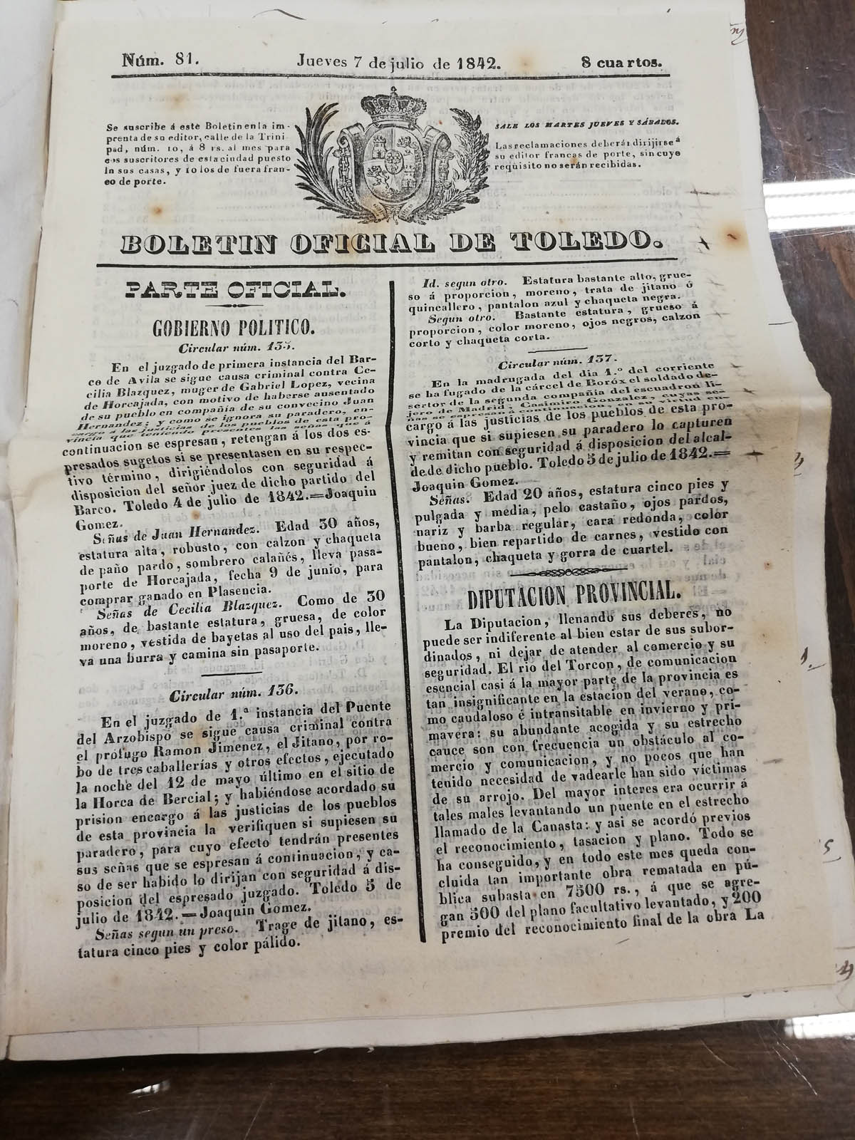 Fragmento Boletin Num. 81. Jueves 7 de julio de 1842 (ADPT, signatura Leg. 2854/9) Fragmento Boletin Num. 81. Jueves 7 de julio de 1842 (ADPT, signatura Leg. 2854/9)